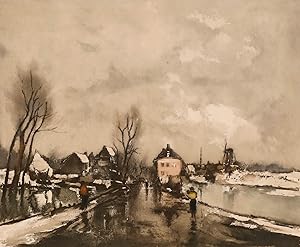 zvab Roger Hebbelinck (1912-1987) - 20th Century Aquatint Winter Town Scene von Roger Hebbelinck (1912-1987): Signatur des Verfassers Kunst / Grafik / Poster