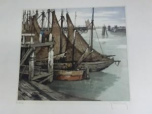 zvab Segelboote am Kai. Aquarell um 1960 von Hebbelinck Roger (1912 - 1987)
